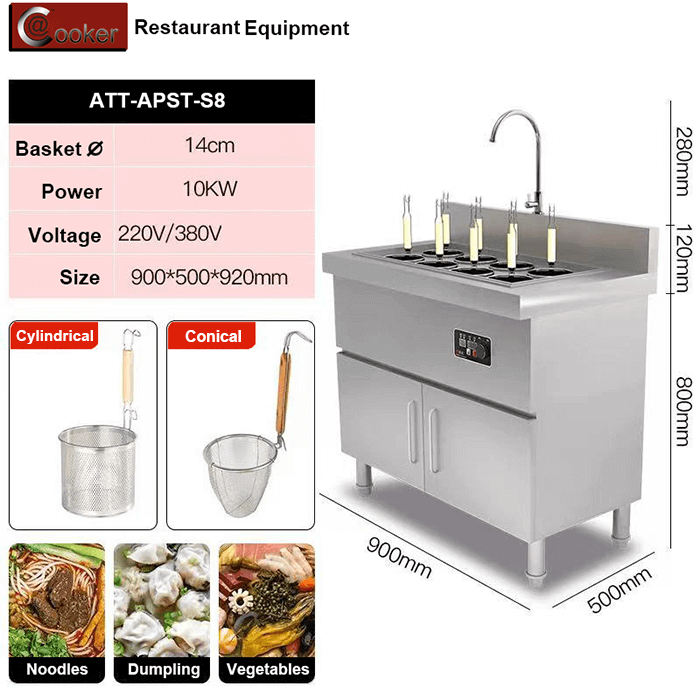 AT Cooker ATT-APST-S8 Electric Noodle Cooker - Commercial Induction Pasta Cooker 10KW 8 Baskets