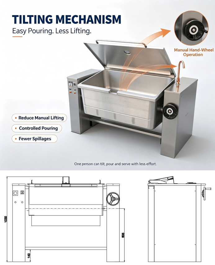Bratt pan ATT-ABT BT 320E atcooker4 Mecanismo de inclinação com volante manual e dimensões do bratt pan ATT-ABT BT 320E
